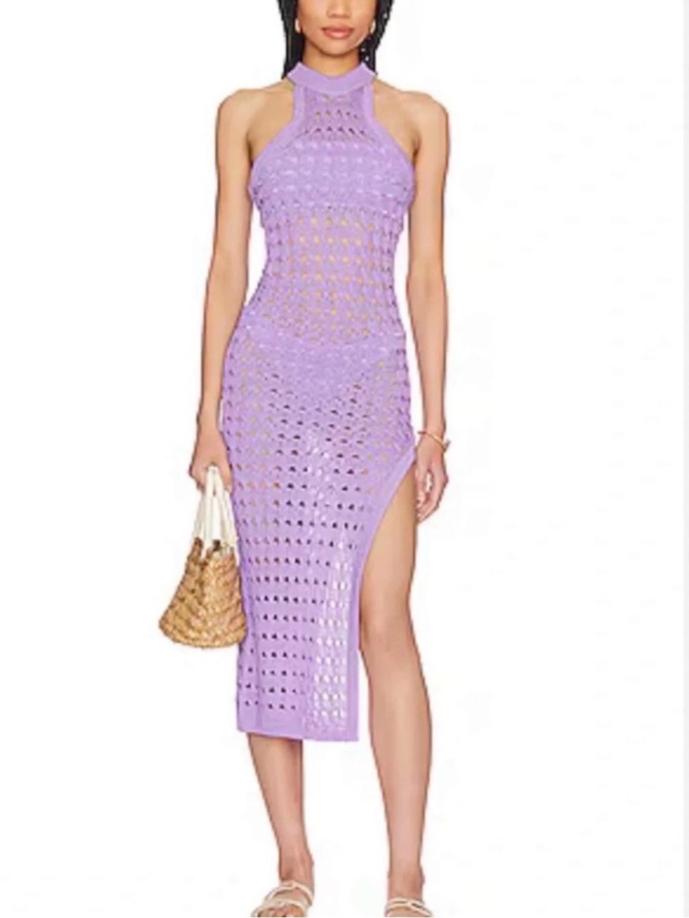 NBD Lavender Crochet Halter Midi Dress with Side Slit NWOT